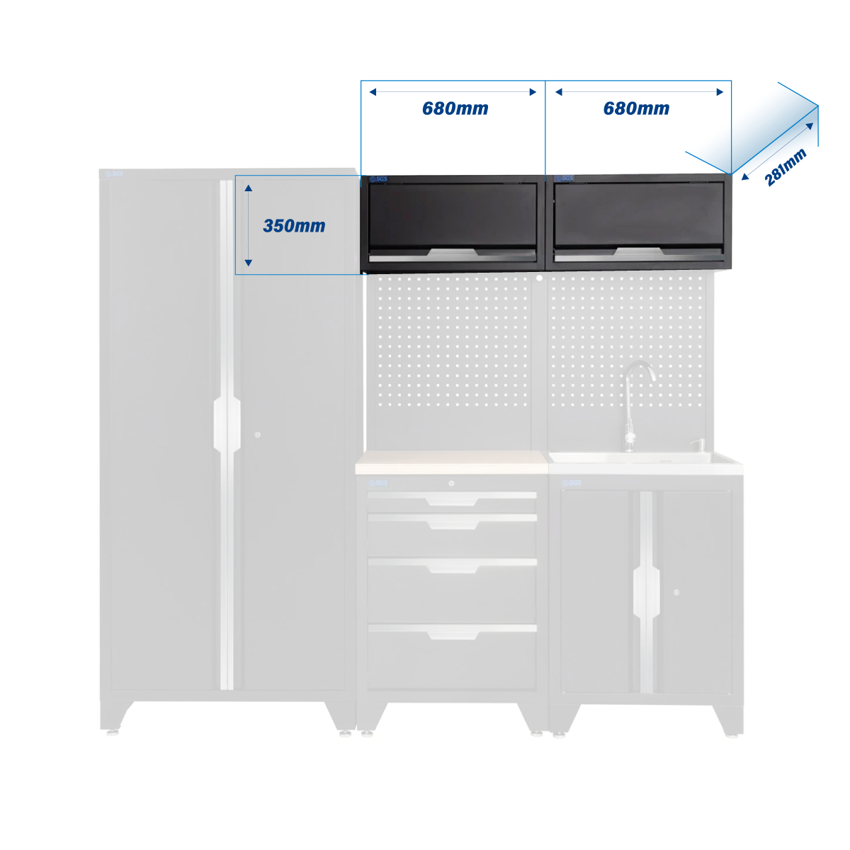SGS 7pc Modular Garage Storage | 4 Drawers | Plywood Worktop | Sink Unit | 2x Upper Cabinets | Tall Double Cabinet